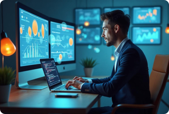 Digital marketing and web development freelancer in hyderabad working on a laptop with analytics and website UI on screen