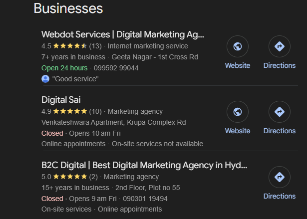 Google Business listings for local marketing agencies including Digital Sai, showing Digital Sai with a 4.9-star rating among top competitors